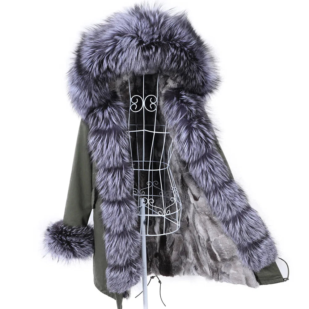 MAOMAOKONG 2023 Abnehmbarer Echtfuchs Pelzkragen Mäntel Damen Winterjacke Kapuze Kaninchenfellfutter Lange Parkas Damenbekleidung