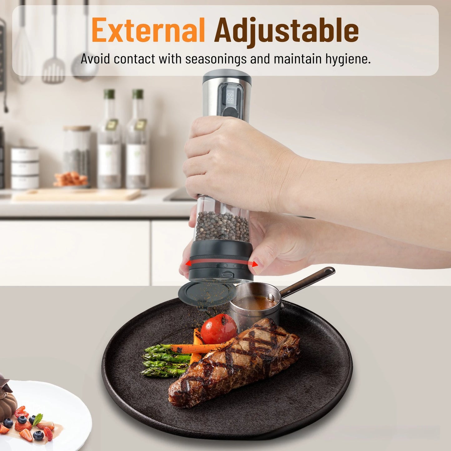 Electric Automatic Pepper Salt Grinder Set with Rechargeable Base LED Electricity Indicator Adjustable Coarseness for Kitchen