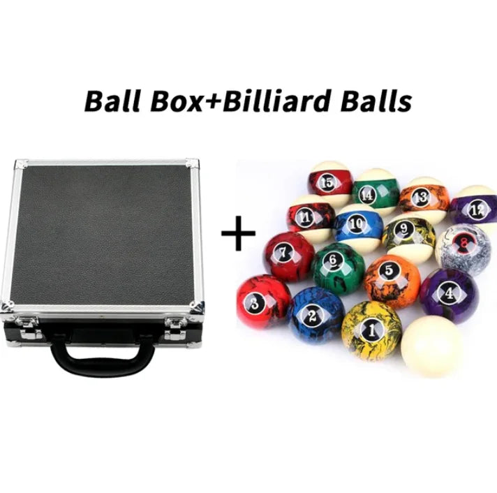 Aluminum ball case with billiard balls on a white background