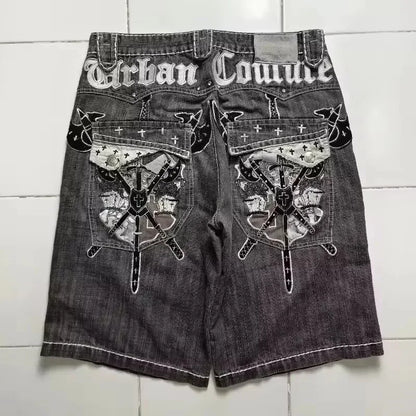 Amerikanische Retro Gothic Damen Denim Shorts Muster Stickerei Loose Unisex Shorts Y2K Printing Korean Casual Fashion Paar Shorts
