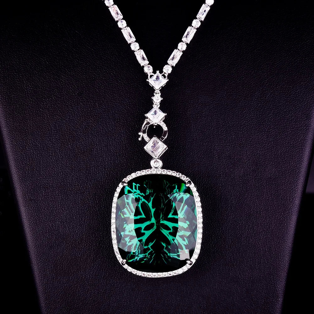 Luxury Rectangle Shape Green Cubic Zirconia Pendant Necklaces Temperament Elegant Women's Wedding Anniversary Party Jewelry