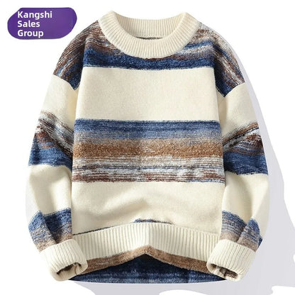 Laid-ba Sle Men's Knitted Sweater round Ne adient Color Stripes Base Layer Winter Faion Casual Youthful Ci Life