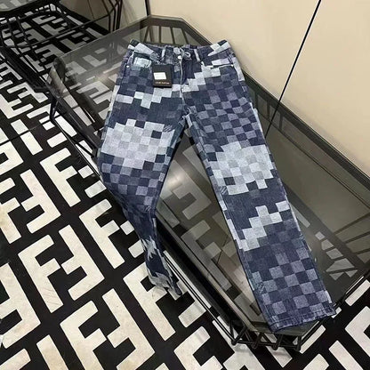 Mosaic Checkered Jeans Unisex Straight Loose Fit
