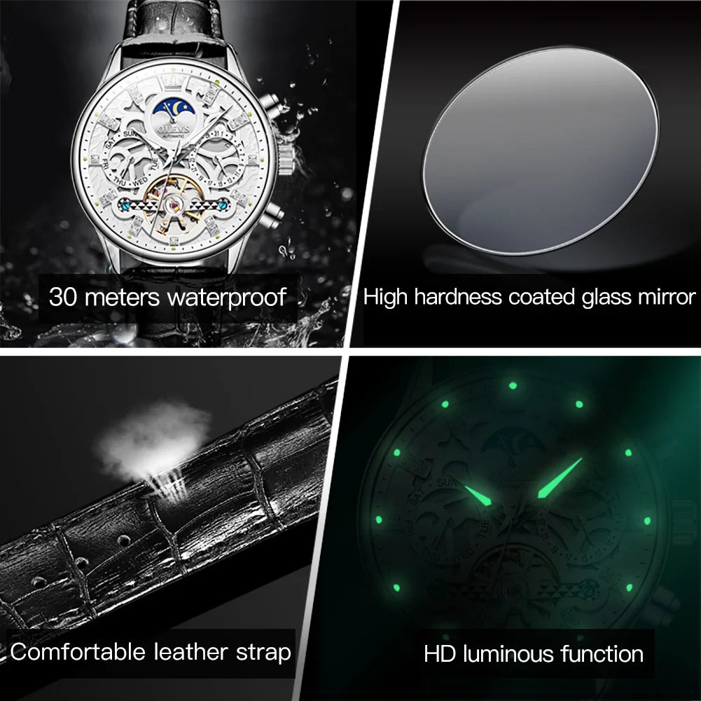OLEVs Lederarmband Herrenuhren Mondphase Wasserdicht Volle Hohl Mechanische Automatikuhr für Herren