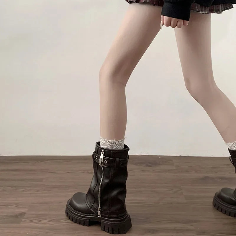 Winter Women Biker Boots Fashion Belt Buckle Ladies Elegant Platform Flats Short Booties Casual Women's Knight Booties
