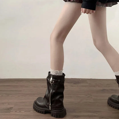 Winter Women Biker Boots Fashion Belt Buckle Ladies Elegant Platform Flats Short Booties Casual Women's Knight Booties