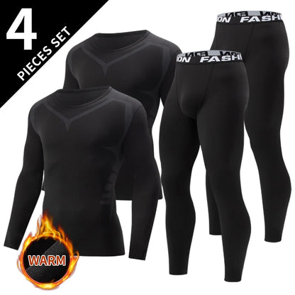 2/4 Pcs Autumn/Winter Men's Black Long sleeved Pants Underwear Set Youth Fitness Running Base Sports Shirt Casual Stretch Pants