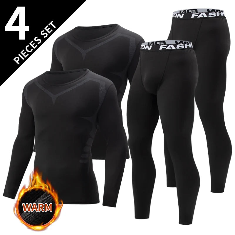 2/4 Pcs Autumn/Winter Men's Black Long sleeved Pants Underwear Set Youth Fitness Running Base Sports Shirt Casual Stretch Pants