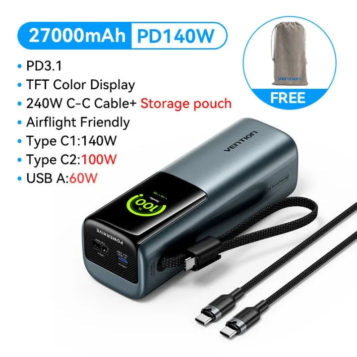 Vention Power Bank 27000mAh 200W PD Fast Charger with Built-in USB-C Cable External Spare Battery Portable Power Bank for Laptop