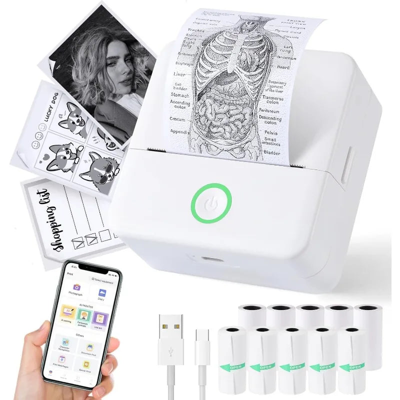White portable printer with smartphone app, ink cartridges, and printed sheets on a white background