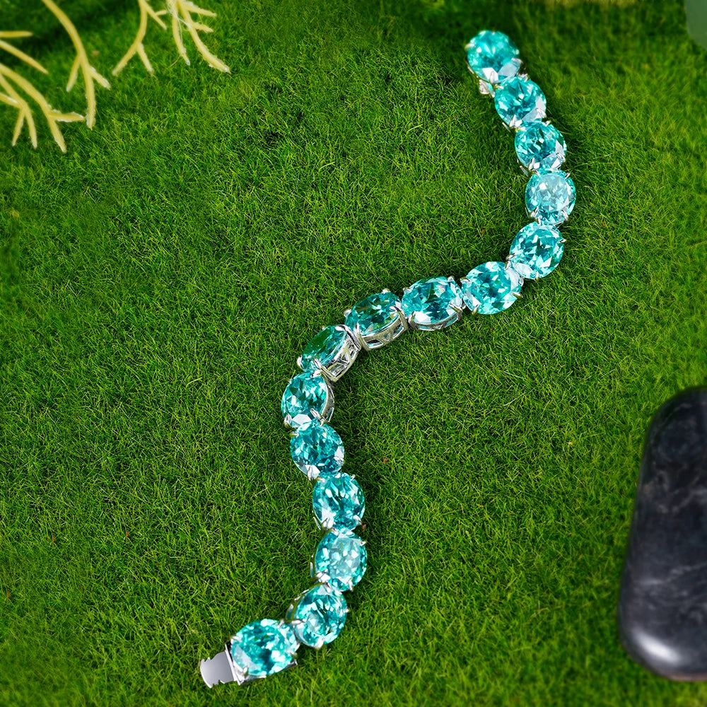 925 Sterling Silver Oval Cut 10 12 MM Lab Sapphire Paraiba High Carbon Diamonds Gemstone Bracelet Bangle