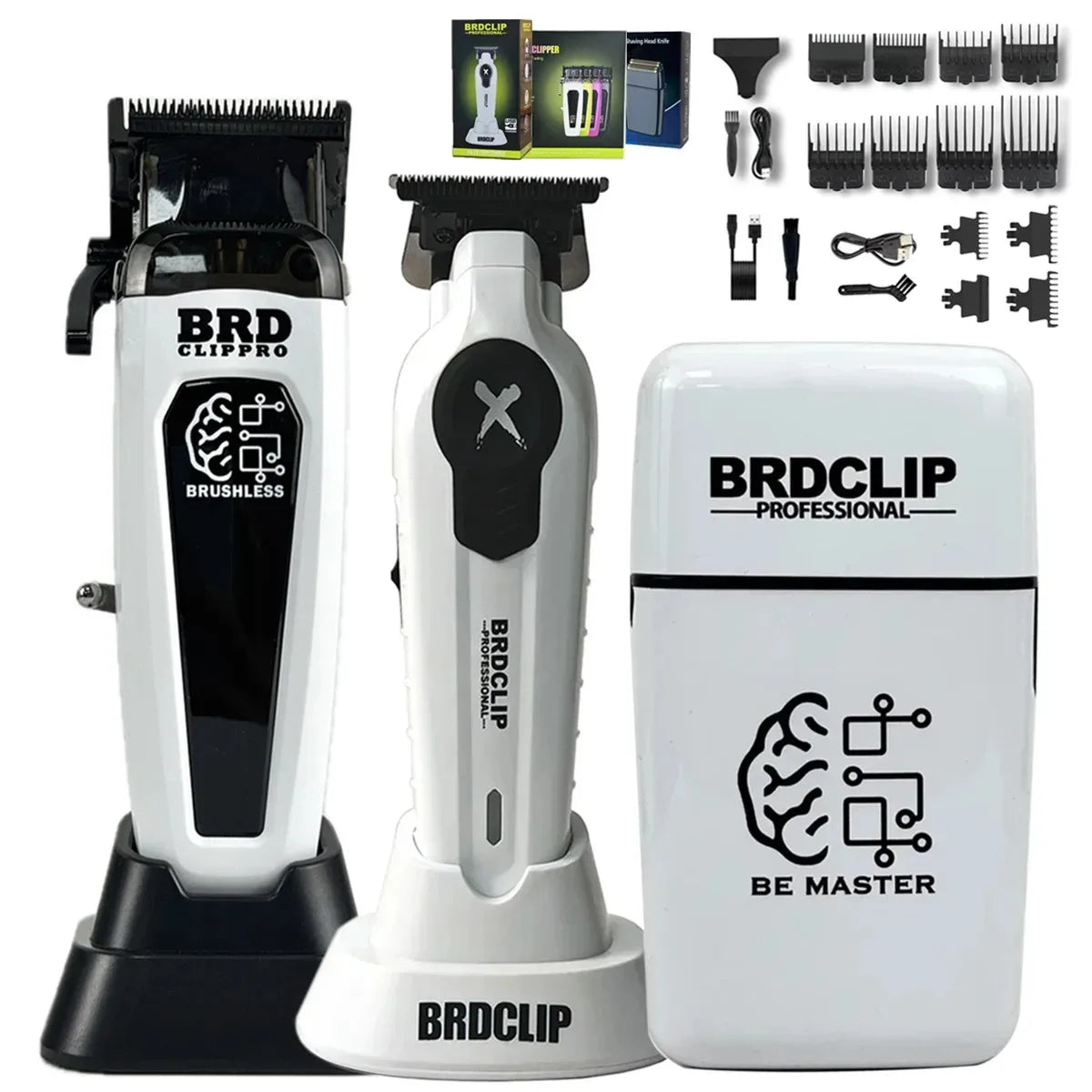 Hair clippers set with attachments on a white background