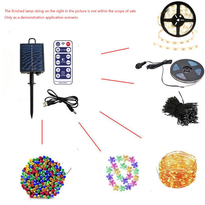 Collection of LED string lights and accessories on a white background