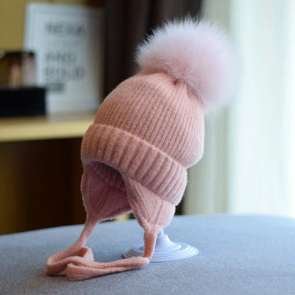 Große Pelzige Fuchs Fellball Kinder Ohrenschutz Mütze Mädchen Winter Dick Warm Plüsch Strickmütze Anti-Kälte Mütze Gorros Invierno 4m807