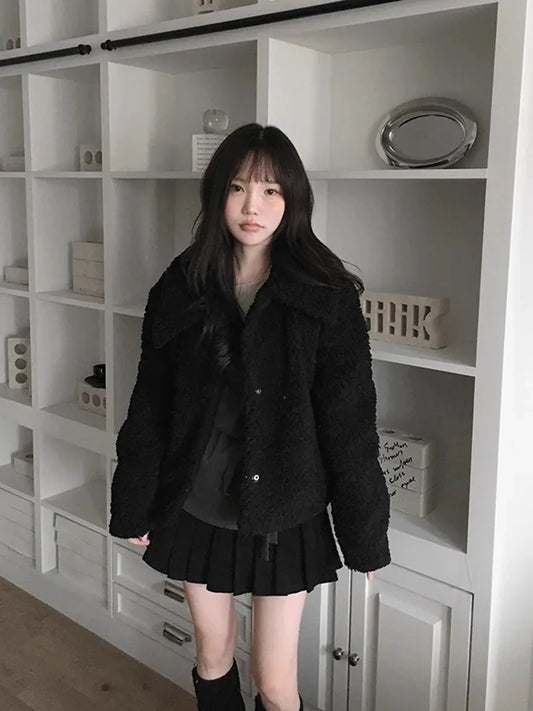 Cute Anti-Aging Doll Collar Cotton Lamb Fur ort Jaet Women's Winter Thiened Versatile Pure Color Cotton Coat