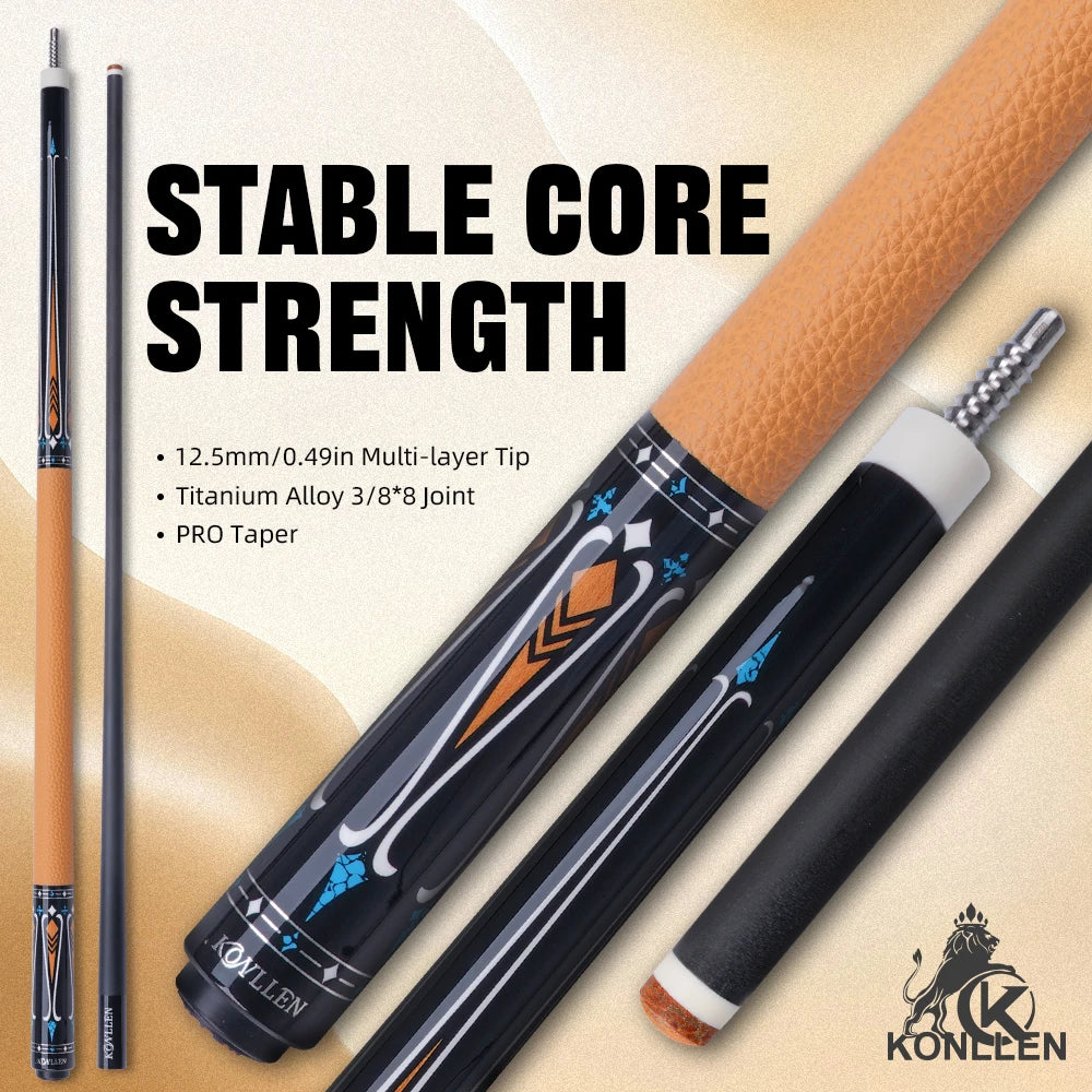 Pool cue with 'Stable Core Strength' text and Konlen logo on a beige background