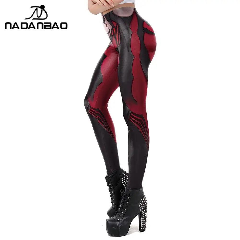 Red and black patterned leggings worn by a person on a white background, with 'NADANBAO' branding.