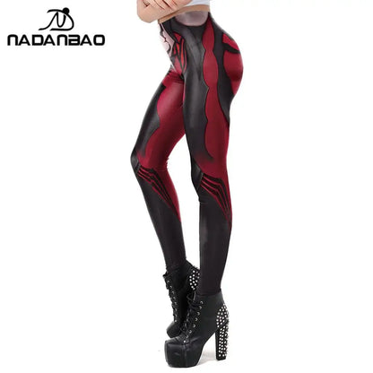 Red and black patterned leggings worn by a person on a white background, with 'NADANBAO' branding.