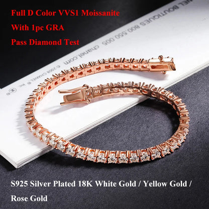 EWYA Real D Color Full 2/2.5/3/4/5/6.5mm Moissanite Tennis Bracelet For Women S925 Plated 18K Rose Gold Diamond Link Bracelets
