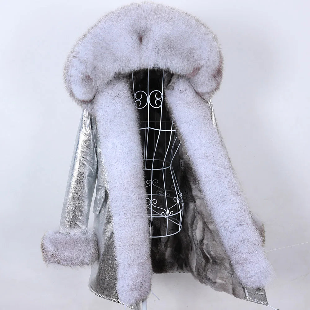 MAOMAOKONG 2023 Abnehmbarer Echtfuchs Pelzkragen Mäntel Damen Winterjacke Kapuze Kaninchenfellfutter Lange Parkas Damenbekleidung