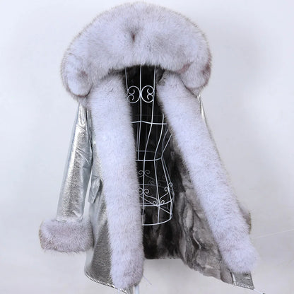 MAOMAOKONG 2023 Abnehmbarer Echtfuchs Pelzkragen Mäntel Damen Winterjacke Kapuze Kaninchenfellfutter Lange Parkas Damenbekleidung