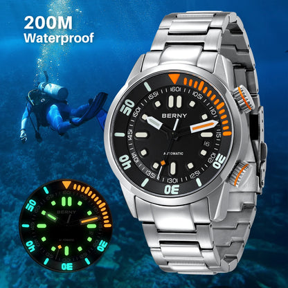Silver wristwatch with black dial and orange accents, displayed underwater with a diver and close-up of watch face.