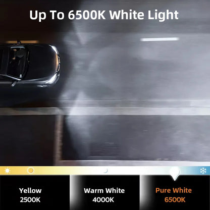Car headlights emitting light with a scale indicating 'Up To 6500K White Light' on a dark background.