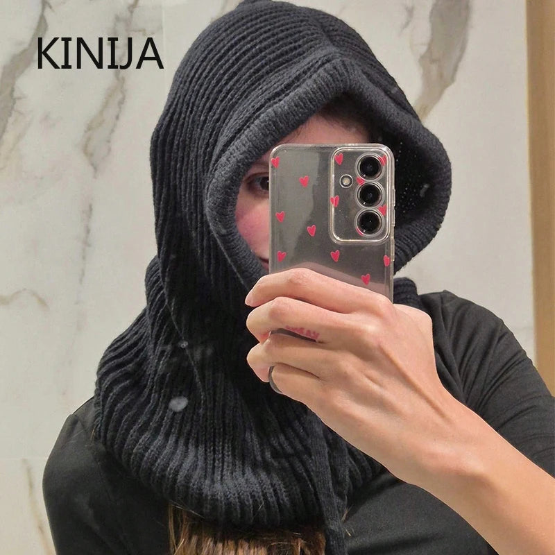 Women Knitted Balaclava Fashion Fake Collar Shawl Hooded Hat Thick Warm Beanines Winter Hat official website tool undefine