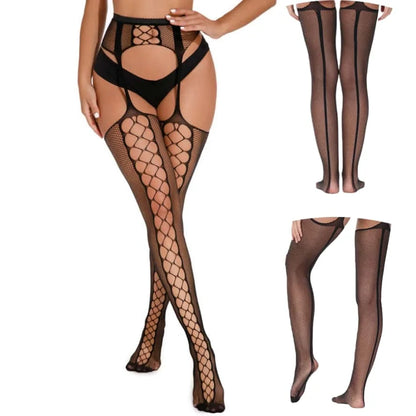 Women Fishnet Open Crotch Suspender Tights XXXL