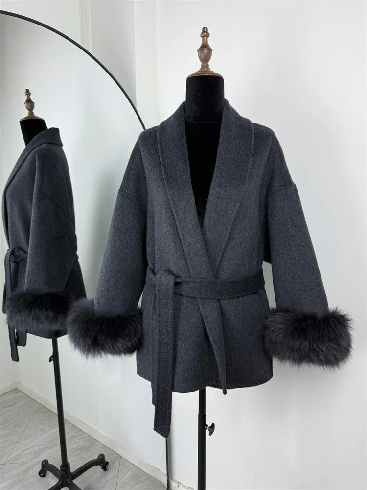 Tossy Fox Fur Wool Overcoat Women's Short Coat Office Lady Elegant Double-sided Woolen Coat 2025 New Cardigan Jackets Loose Wool