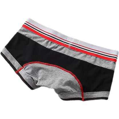 Black and gray boxer briefs with red and white stripes on a white background