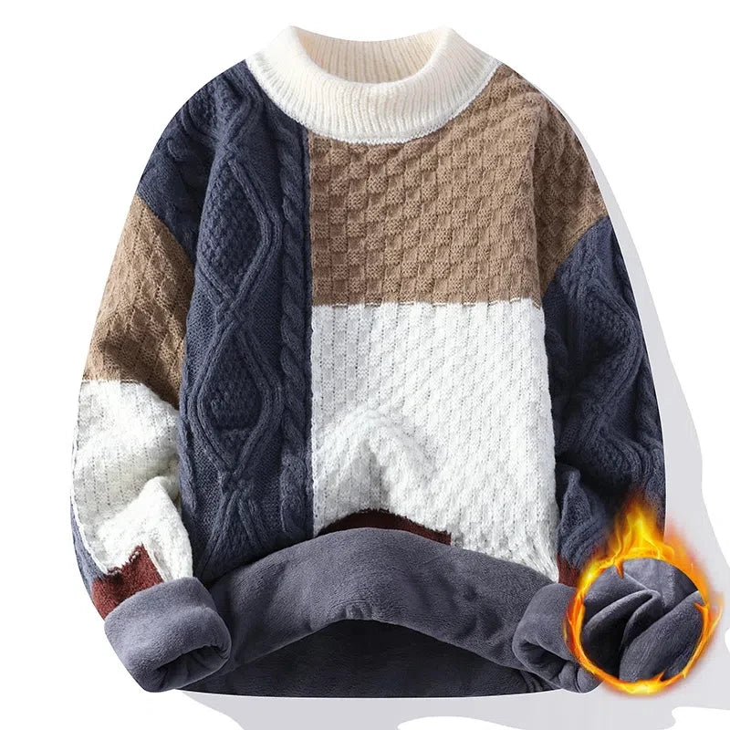 Men's Clothing Round Neck Autumn Winter Pullover Lantern Long Sleeve Screw Thread Sweater Knitted Casual Contrast Color Tops