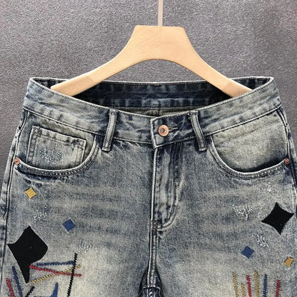 Men's Luxury Embroidered Ripped Denim Shorts – Summer
