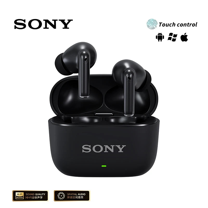 Sony wireless earbuds with charging case on a white background