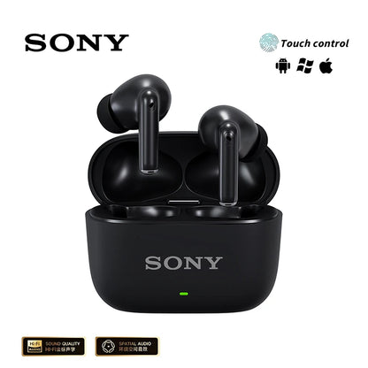 Sony wireless earbuds with charging case on a white background