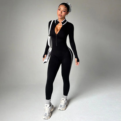 One-piece yoga wear, women's autumn and winter stand-up collar long-sleeved fitness wear, slimming zipper sports one-piece suit