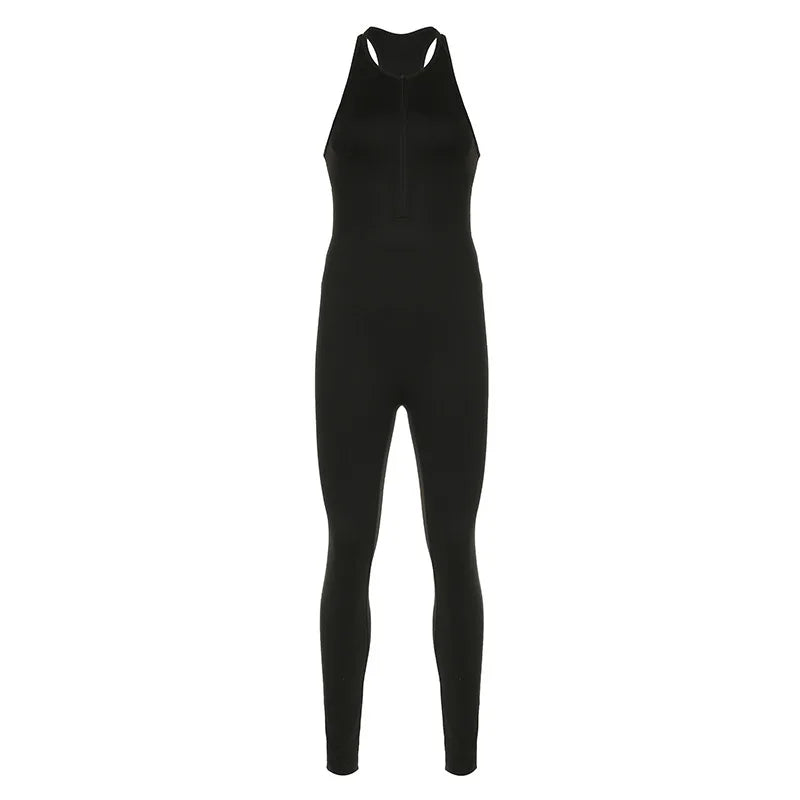 Fashion style sportswear women's solid color yoga pants zipper splicing hollow out backless tight fitting sleeveless jumpsuit