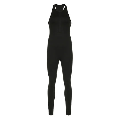 Fashion style sportswear women's solid color yoga pants zipper splicing hollow out backless tight fitting sleeveless jumpsuit