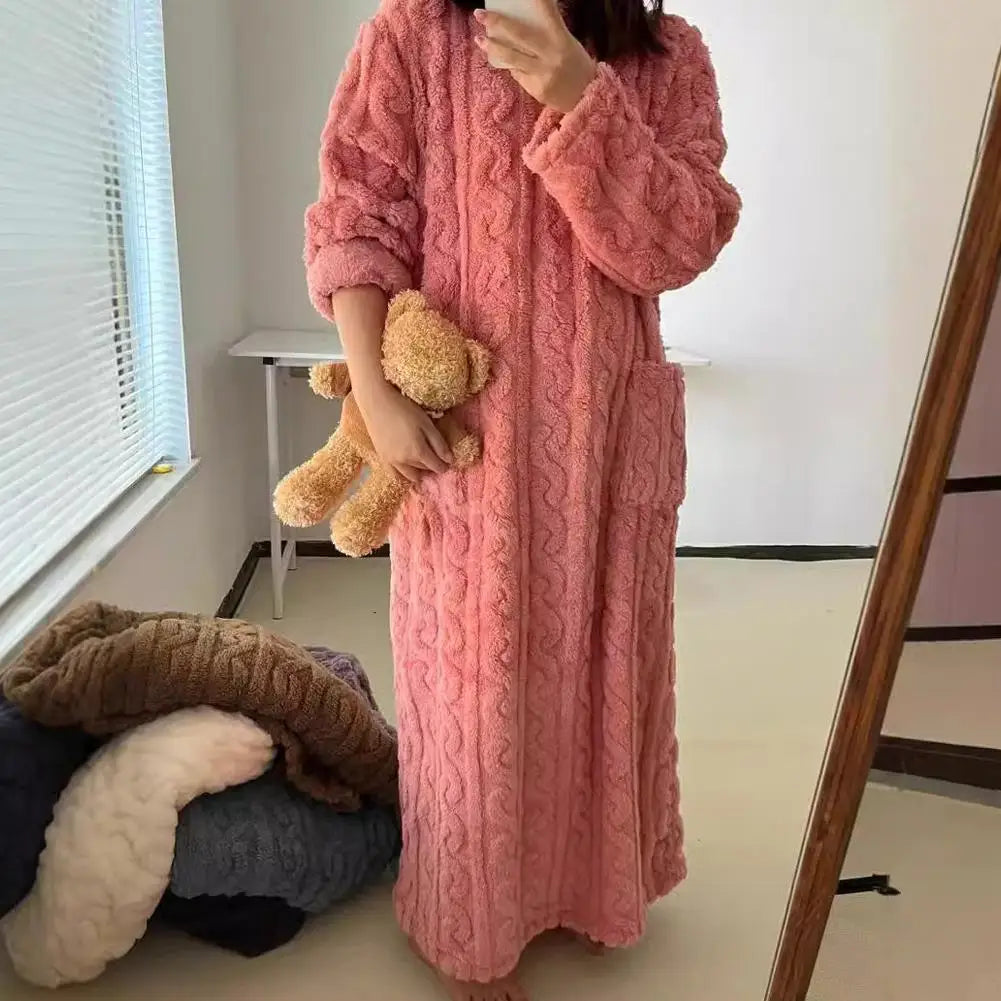 Winter Women Flannel Nightgowns Long Sleeve Double Pocket Loose Solid Sleepwear Jacquard Night Dress Thickened Warm Nightdress