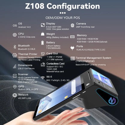 Z108 Android 14 POS Terminal 8" NFC Thermal Printer