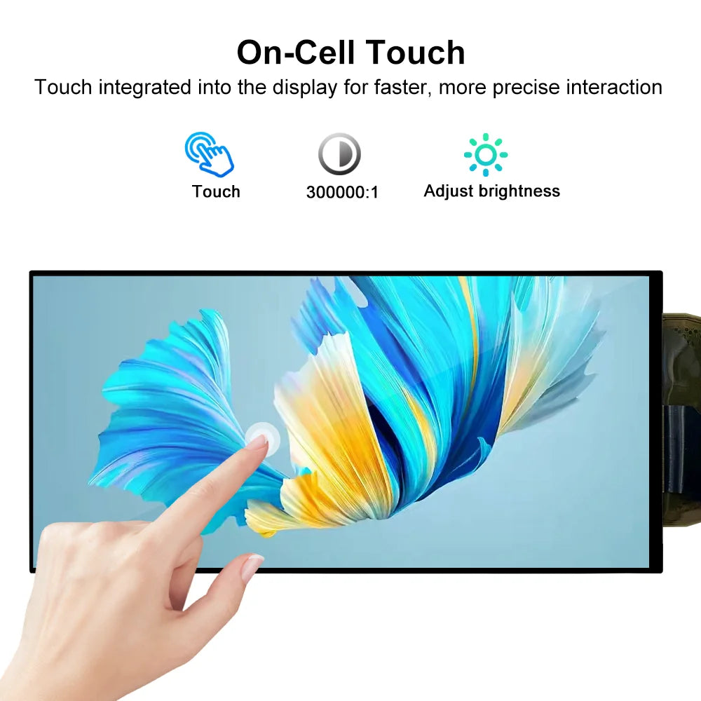 On-cell touch screen with a hand interacting with the display, featuring text and icons about touch, resolution, and brightness adjustment.