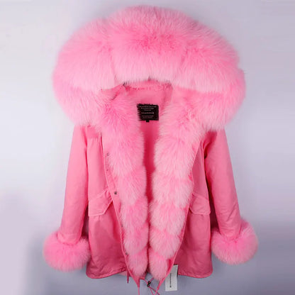 MAOMAOKONG Brand Long Winter Jacket Women Outwear Thick Parkas Natural Real Fox Fur Collar Coat Hooded Pink Female Clothing