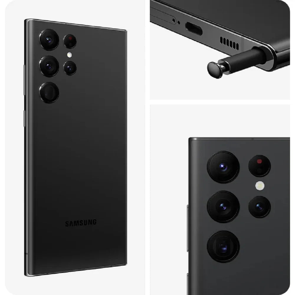 Black Samsung smartphone showing back, front, and side views on a white background