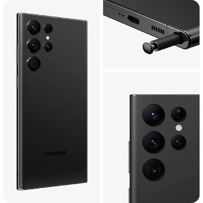 Black Samsung smartphone showing back, front, and side views on a white background
