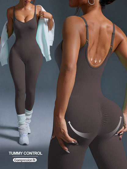 Einteiliger nahtloser Sport-Yoga-Jumpsuit, sexy rückenfreier Bodycon-Trainingsanzug für Damen, Outfit, Fitnessstudio-Set, Sportbekleidung, Trainingsanzug