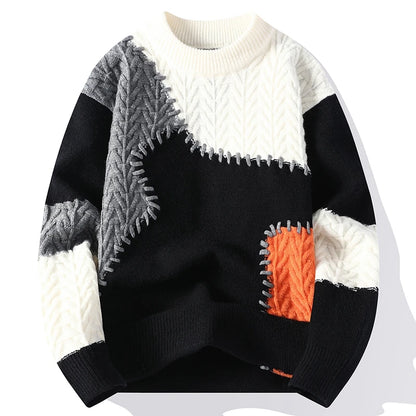 Korean Street Patchwork Knitwear Fashionable Men Sweater Stitching Contrast Long-sleeved Sweaters Christmas Knit Pullover