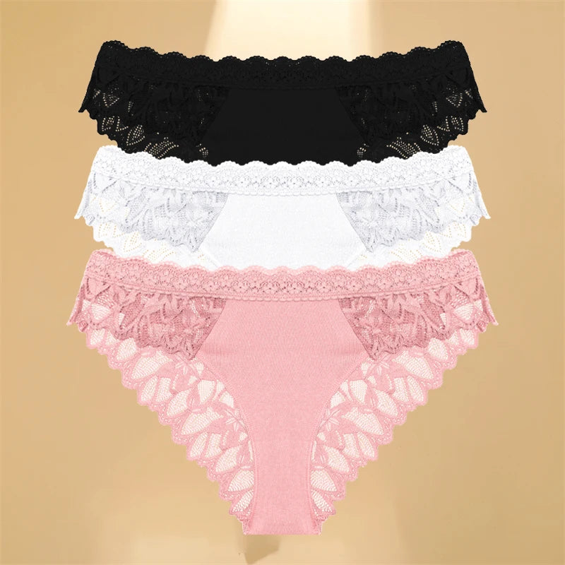 FINETOO 3Pcs Lace Hollow Out Underwear for Women Sexy Low-Waist Floral Briefs Female Invisible Breathable Lingerie Soft Intimate