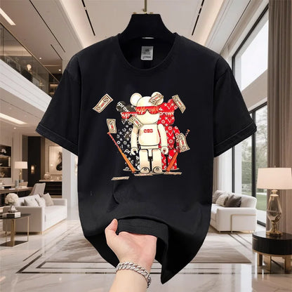 2025 Trendy Brand Summer Society Guy Cartoon Bear Half-sleeved Men's and Women's Silk Cotton Short-sleeved T-shirt Trendy Top