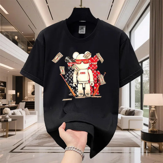 2025 Trendy Brand Summer Society Guy Cartoon Bear Half-sleeved Men's and Women's Silk Cotton Short-sleeved T-shirt Trendy Top