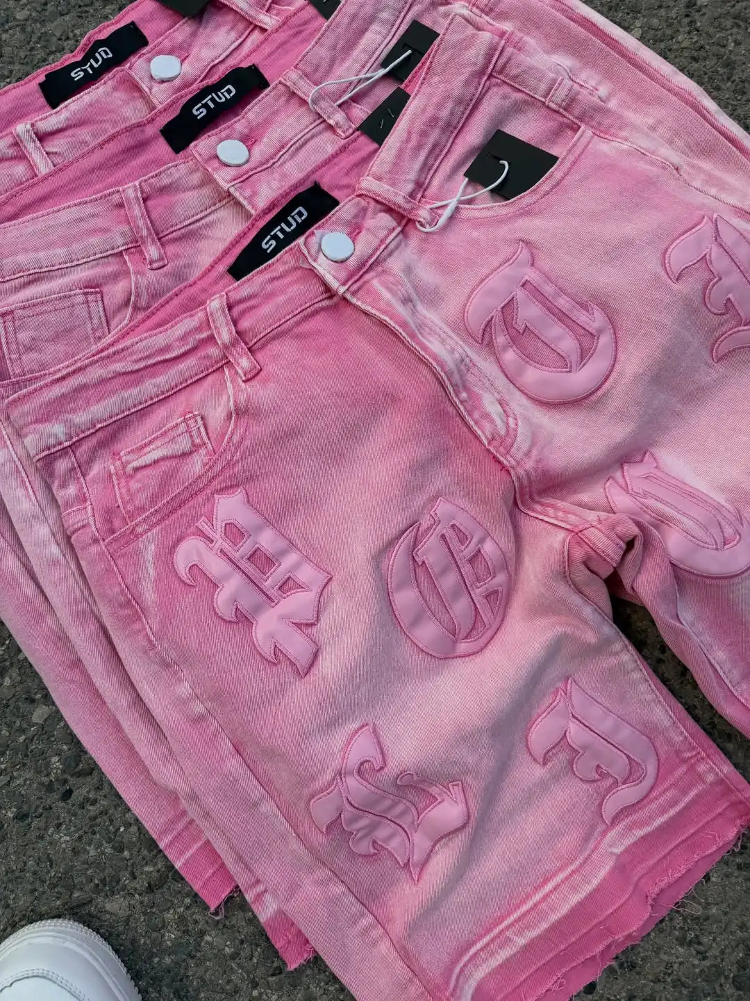 High Street Element Five Star Patch Designer Pink Denim Pants Baggy Rock Short Jeans